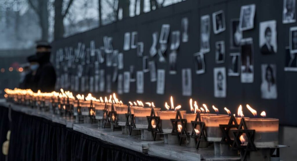 photos of those lost in the Holocaust with candles lit for Holocaust Remembrance Day 2025